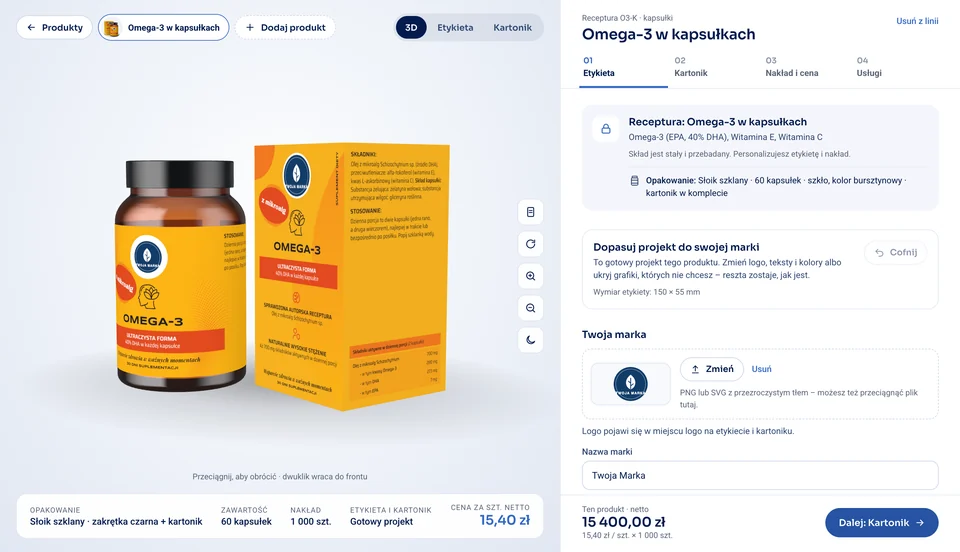 Kreator auralab360: konfigurator Omega-3 w kapsułkach z logo marki na słoiku i kartoniku w podglądzie 3D